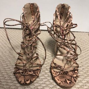 Strappy snake skin print heels